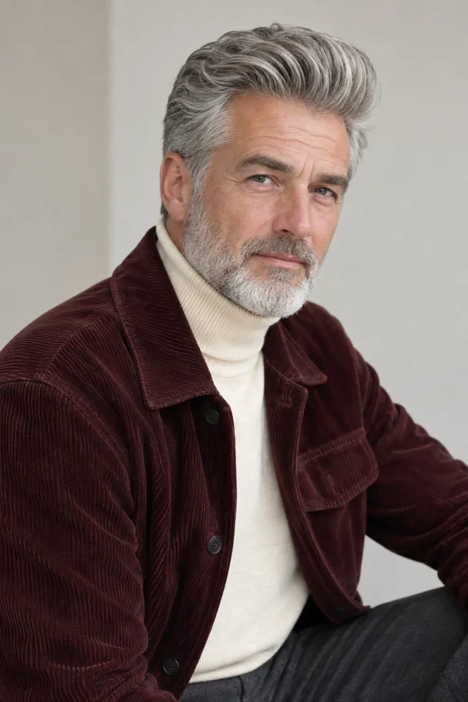 Natural gray pompadour among statement Hairstyles for Men Over 60.