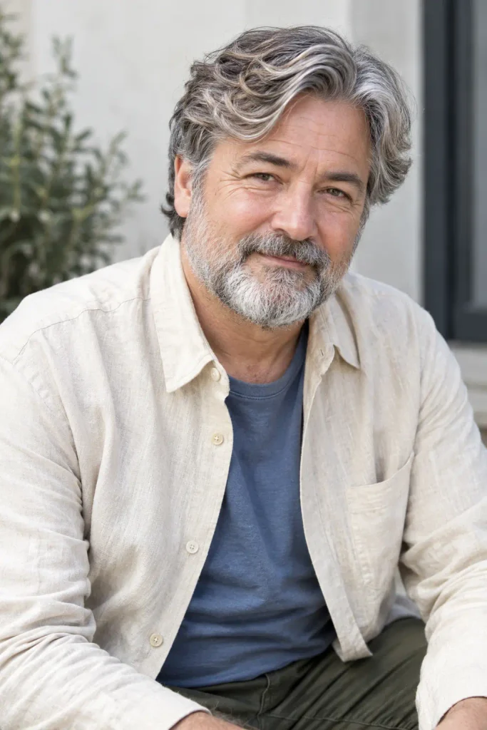 Natural wavy side sweep among sophisticated Hairstyles for Men Over 60.