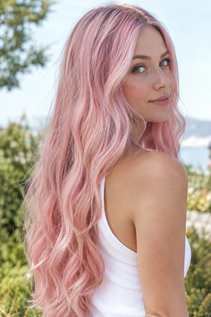Pastel blush-pink long wavy hairstyle on a young woman photographed outdoors in natural daylight, viewed from a three-quarter rear angle.