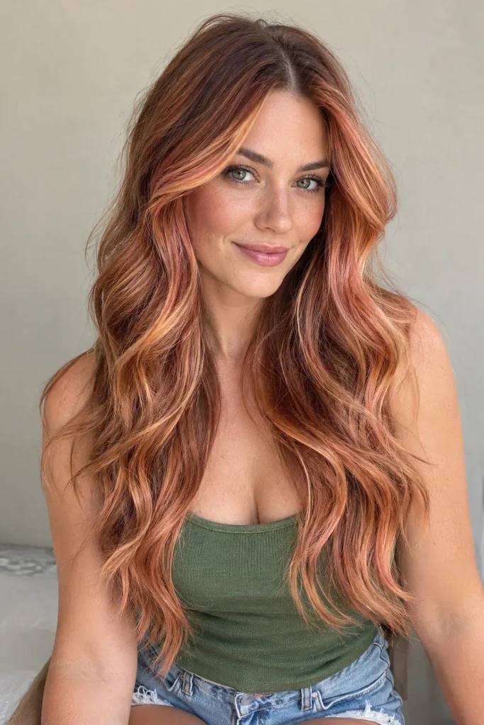 Young white woman with long layered peachy copper balayage waves, warm brown roots, and bright face-framing highlights, wearing a fitted green top.
