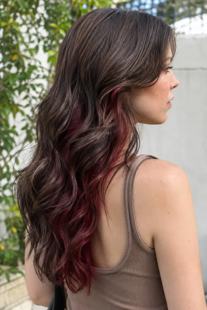 Dark brunette hair with burgundy peekaboo underlayers styled in loose waves on a young woman outdoors.