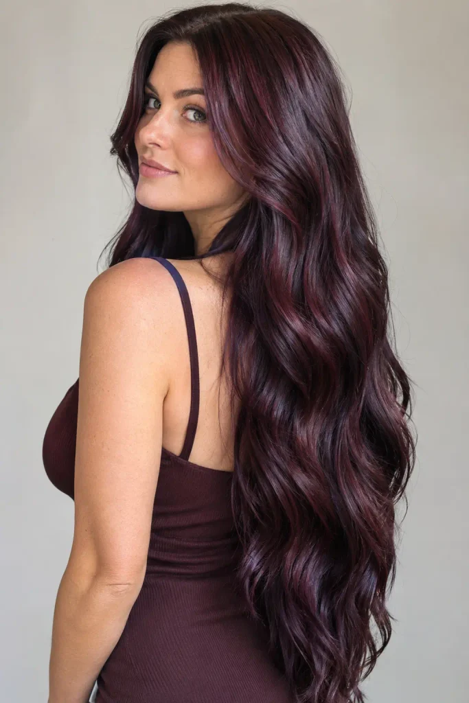 Photorealistic young white woman with extremely long, thick plum-brown hair styled in soft waves, showing subtle berry, violet, and wine reflections in natural light.