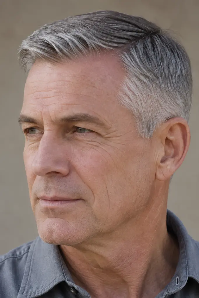 Photorealistic older white man with a traditional regulation haircut, short silver-gray hair, neatly tapered sides, and a subtle natural side part.
