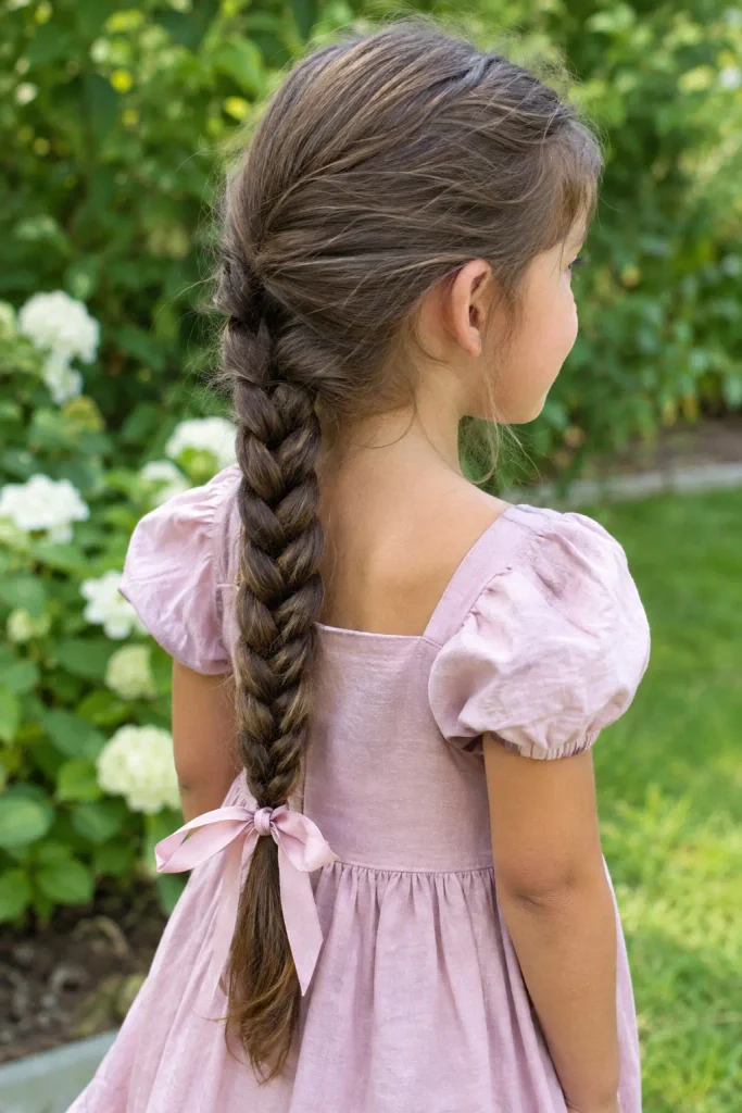 a 7-year-old girl with a long traditional three-strand braid tied with a soft pink ribbon, shown from a rear three-quarter angle in a garden.
