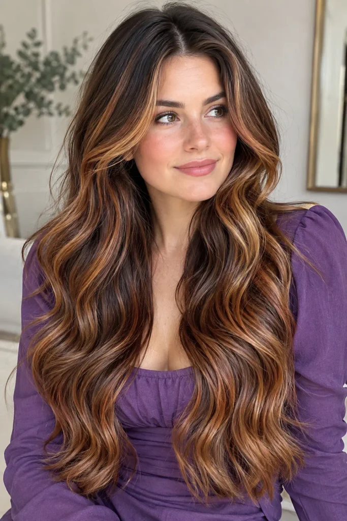Long brunette hair with rich caramel copper balayage and flowing waves on a woman in a purple dress.

