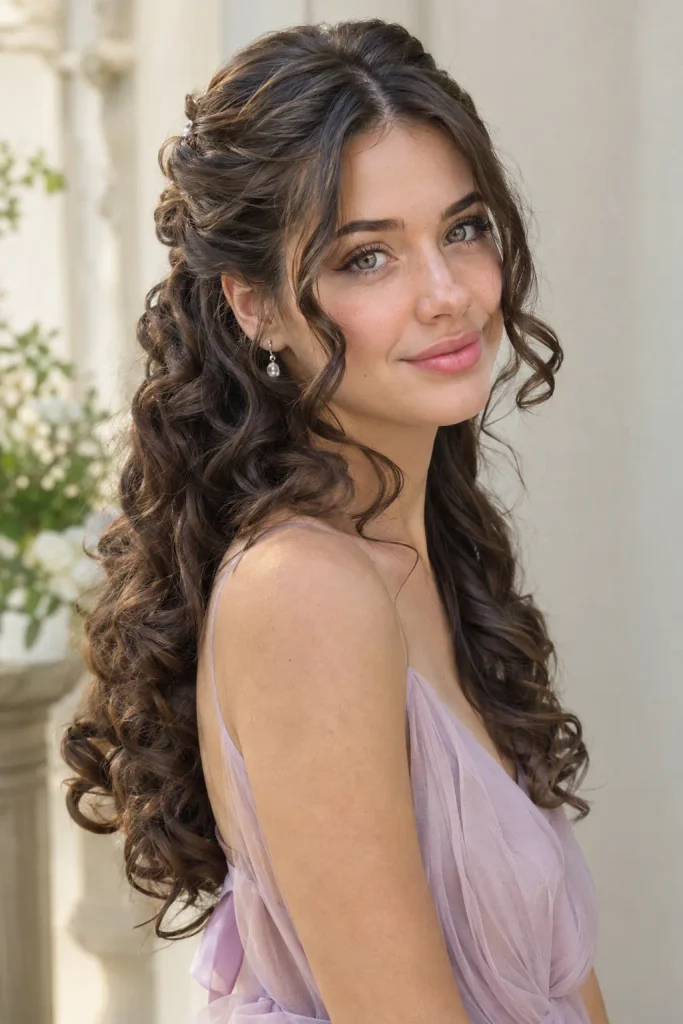 young woman with voluminous half-up curls, soft face-framing tendrils, and natural brown hair wearing a pastel lavender chiffon dress in soft daylight.