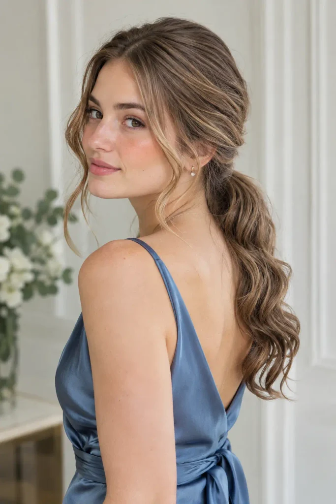 Young woman in her early 20s wearing a blue satin wrap dress with a romantic low ponytail, softly waved lengths, and face-framing strands in natural daylight.
