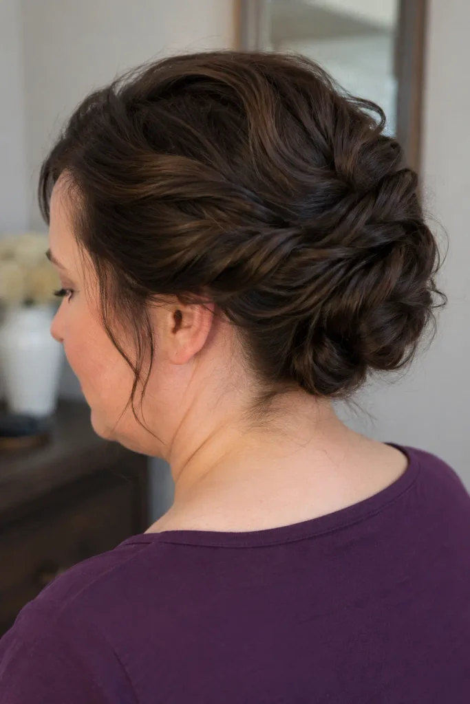 Photorealistic white round-faced woman in a purple top wearing a romantic twisted bun updo for medium-length hair, with soft loose curls and detailed natural hair strands.