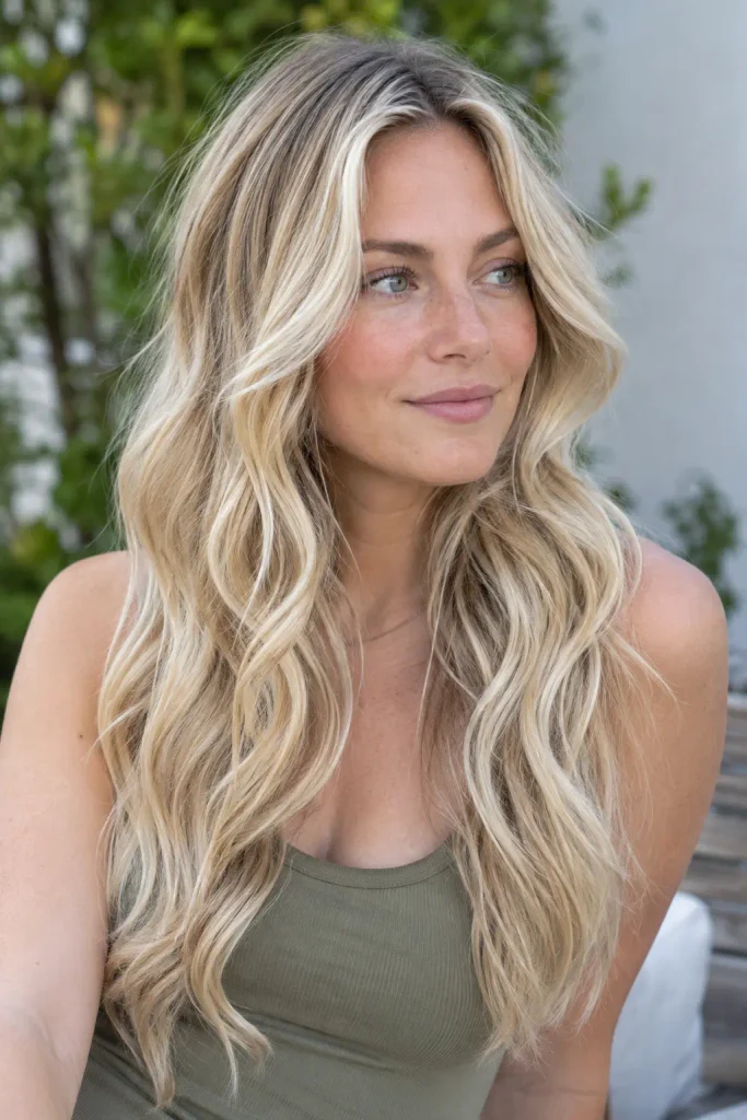 Rooted champagne blonde hair with pale creamy blonde lengths styled in long flowing waves on a young woman outdoors.