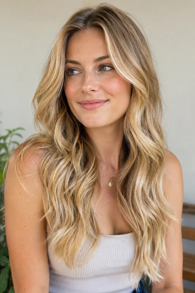 Young white woman with rooted golden blonde hair and long layered waves, featuring darker blonde roots, rich golden highlights, and lighter ends, wearing a soft-colored sleeveless top in natural daylight.