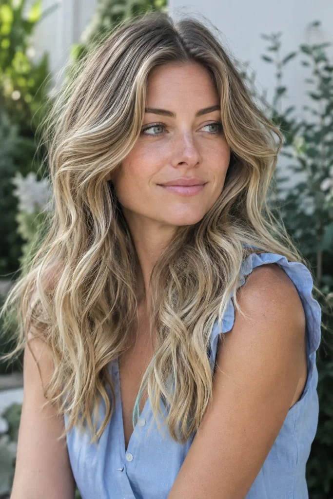 Rooted sandy blonde hair with deeper natural roots blending into muted beige blonde, styled in medium-long tousled waves with realistic texture and subtle flyaways on a young woman outdoors.