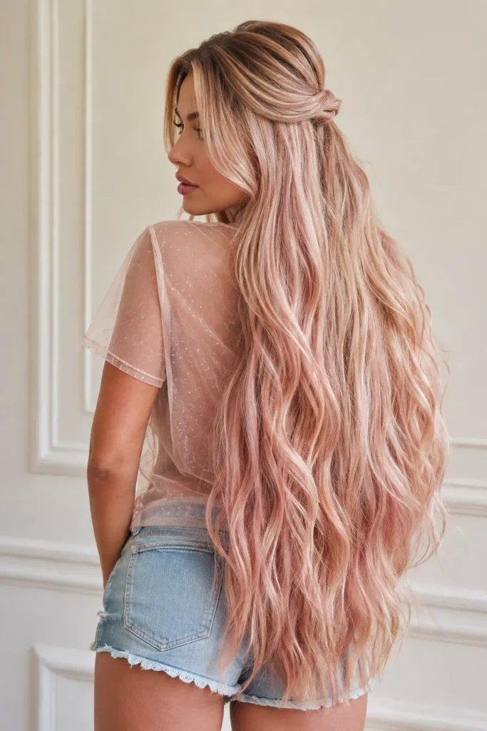 Real adult white woman with extremely long, thick rose-gold blonde hair styled in an elegant half-updo, featuring champagne blonde, blush pink, peach, and soft rose-gold tones, cascading in long flowing waves below the waist.
