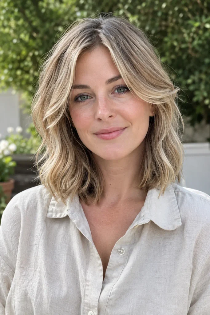 Sandy beige blonde shoulder-length layered hair with relaxed texture on a young woman outdoors in natural daylight
