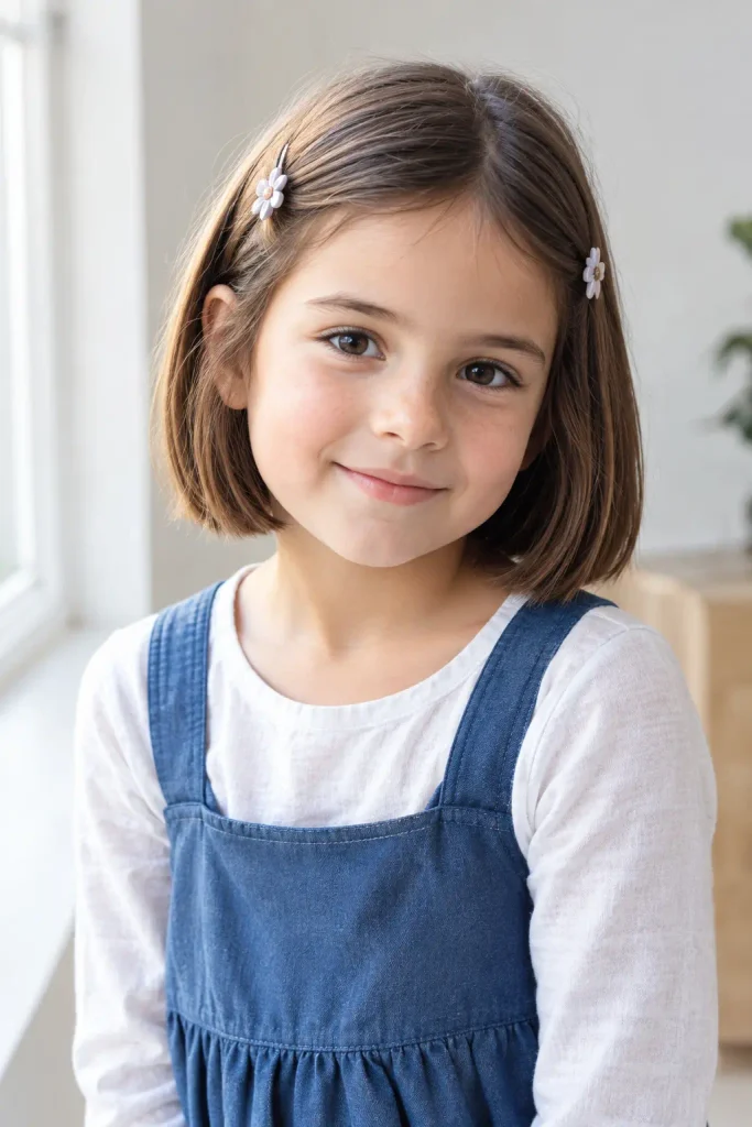 Young girl with a chin-length straight bob haircut and two small decorative hair clips near the temples, wearing a solid-color pinafore dress over a cotton shirt in natural window light.
