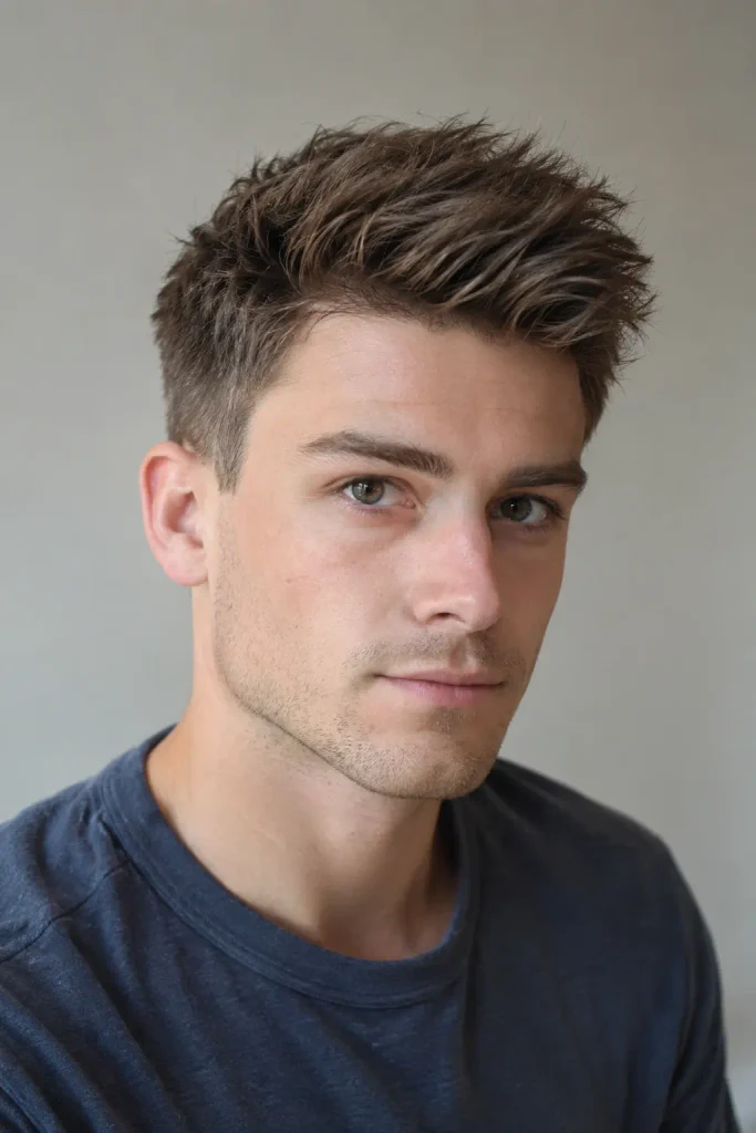 Short brush-up haircut with textured brown hair styled upward and neatly tapered sides on a young man.
