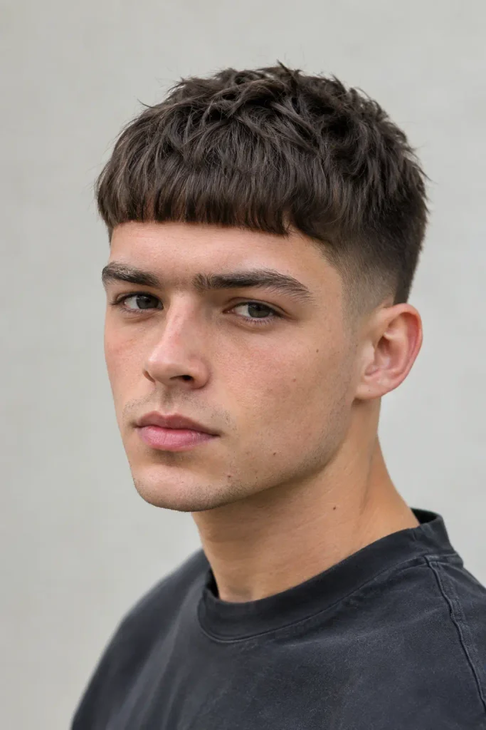 Young white man with short dark brown Caesar haircut, textured horizontal fringe, and softly faded sides, shown in a close-up portrait.