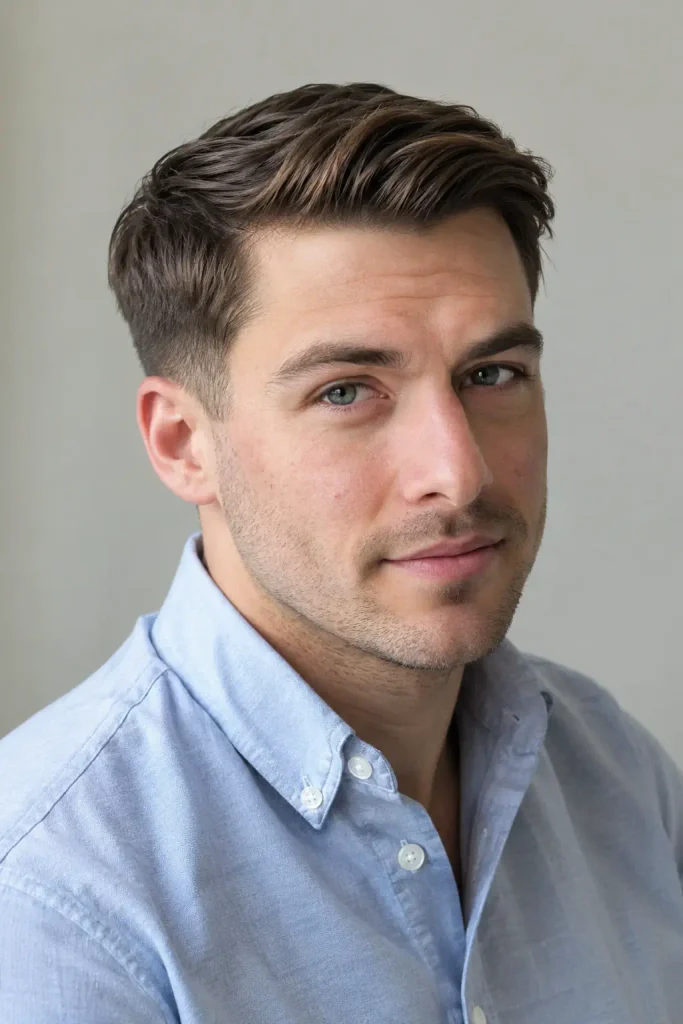 Young white man with short medium brown comb-over haircut and low tapered sides, shown in a three-quarter portrait wearing a light blue button-up shirt.