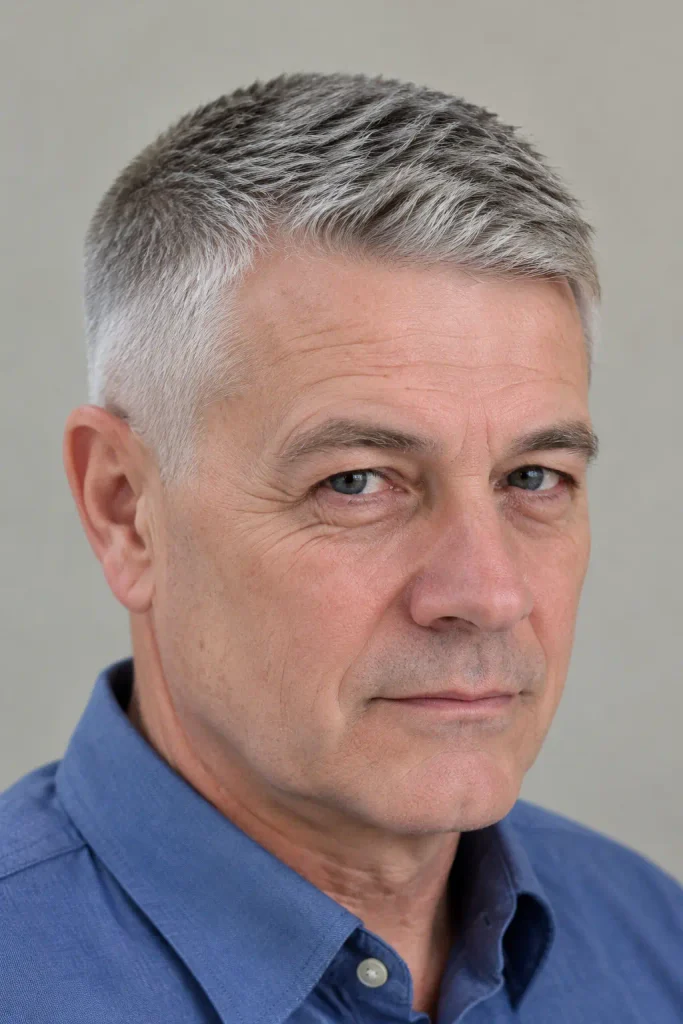 Older white man around 60 years old with a short classic crew cut featuring natural silver-gray hair, closely tapered sides and a textured top, showing realistic hair strands, mature facial features, subtle wrinkles, and a natural everyday appearance in a blue shirt against a neutral background.