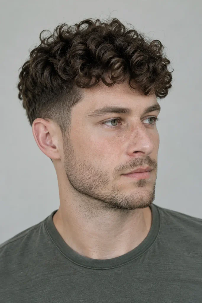 Short curly crop with dense dark brown curls and tapered sides on a young man.