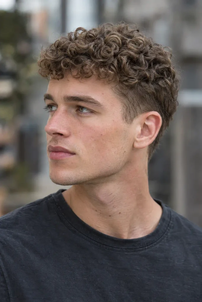 young white man with a textured curly crop haircut, short light brown curls, subtly tapered sides, and natural hair texture, shown in a close-up side profile outdoors.