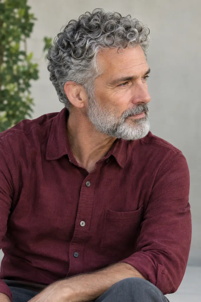Short curly silver top among textured Hairstyles for Men Over 60.