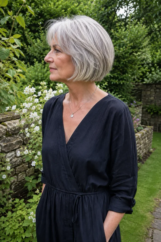 Photorealistic portrait of a 66-year-old woman with fine silver-gray hair in a softly layered jaw-length bob, standing in a charming English garden and wearing a black linen dress.