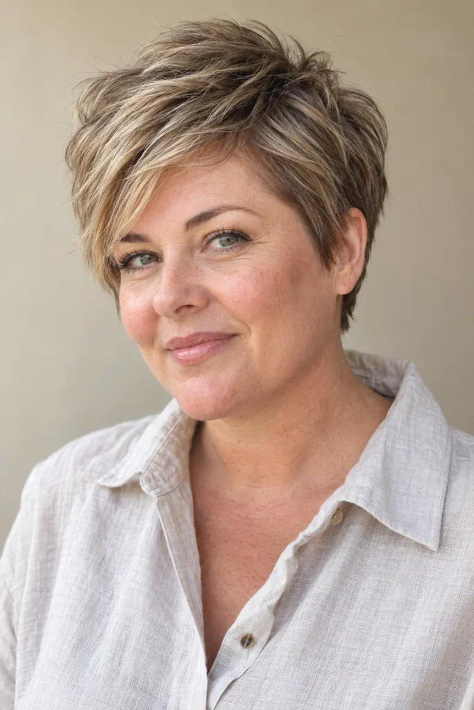woman in her early 40s with a round face wearing a short layered crop haircut with tapered sides, a softly lifted crown, and textured piecey layers, photographed in natural light against a beige background.