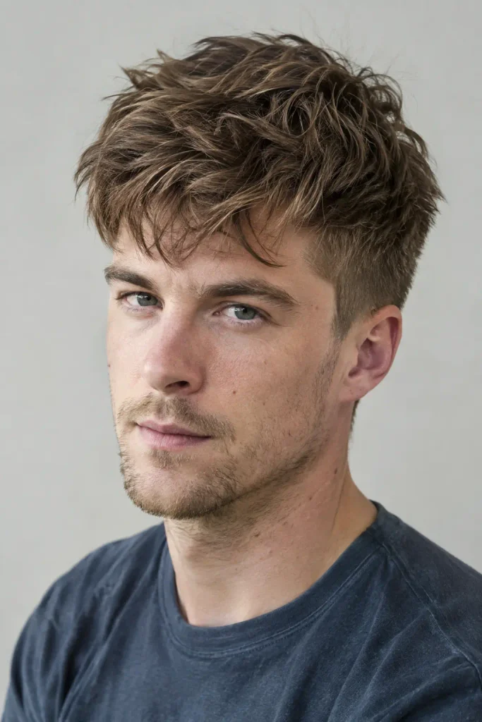 Young white man with a short messy textured light brown haircut and tapered sides, shown in a three-quarter portrait