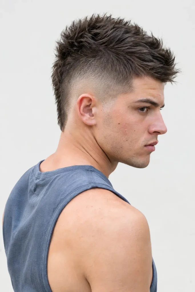 Short mohawk fade hairstyle for men with textured hair on top and clean tapered sides.
