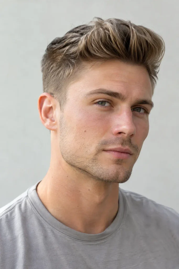 young white man with a dark blonde modern pompadour haircut, tapered sides, and natural textured hair in a close three-quarter portrait.