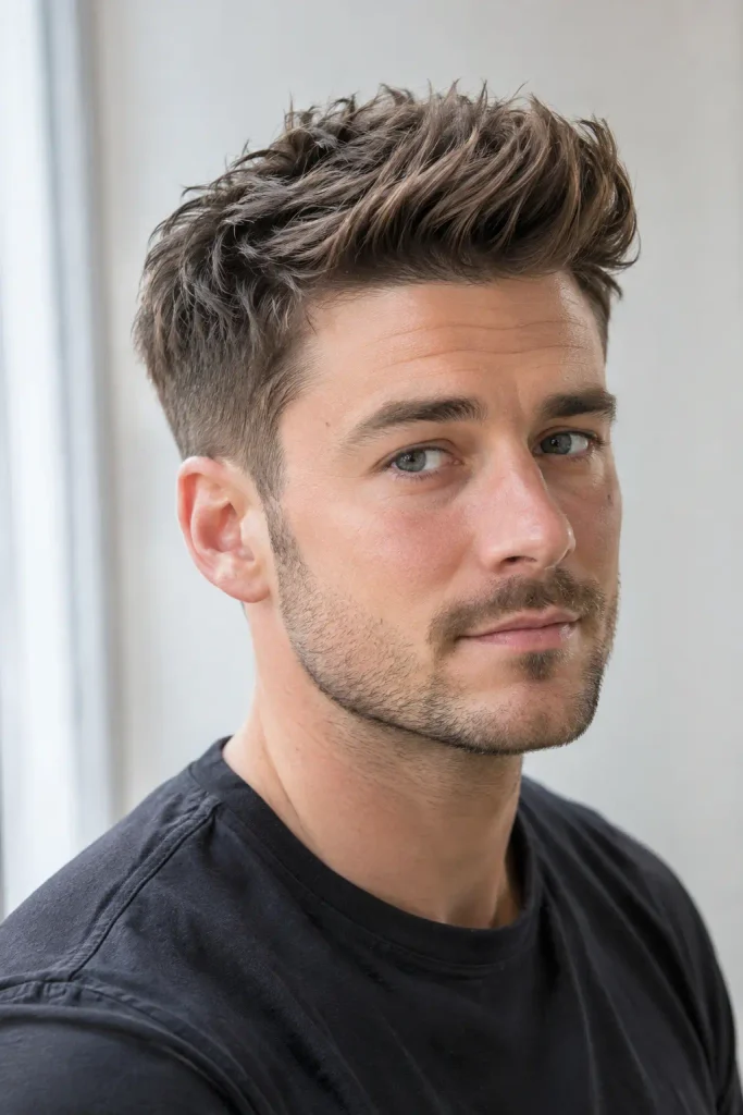  white man around 30 with short textured quiff hairstyle, lifted front, tapered sides, and thick medium brown hair
