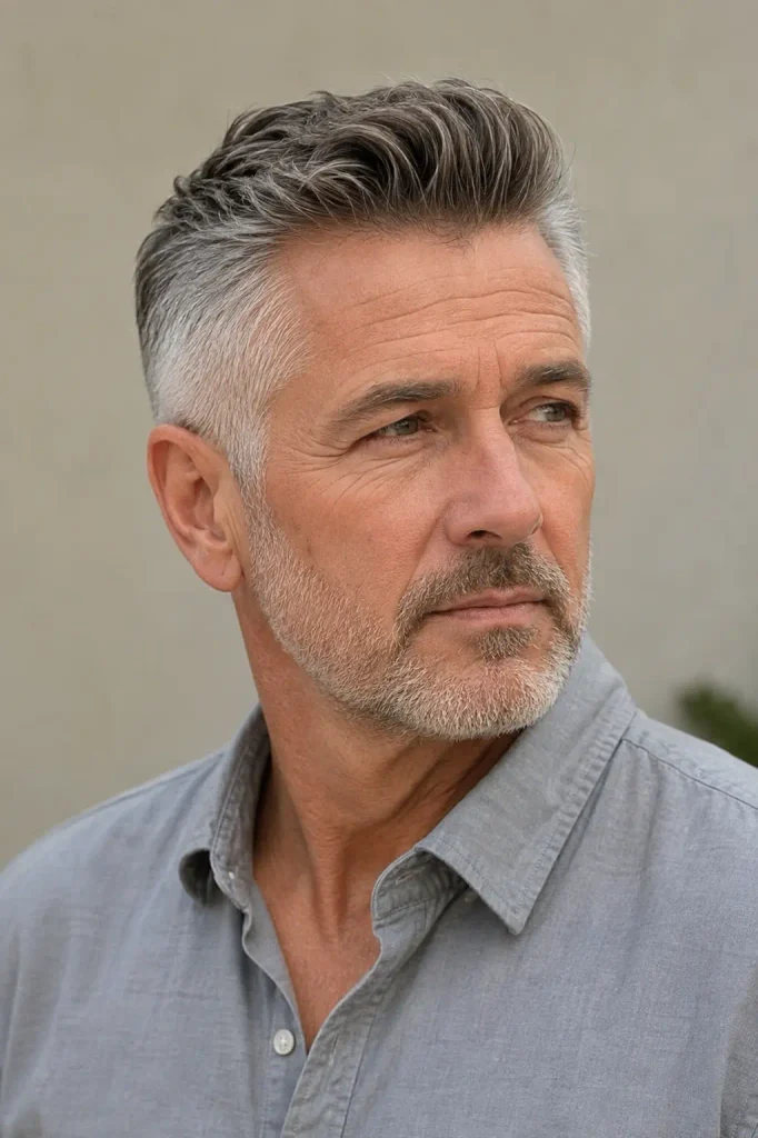 Older white man with a classic short silver-gray quiff haircut and neatly tapered sides, wearing a gray shirt.