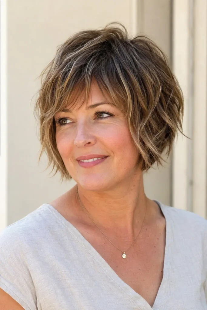 Short shaggy bob haircut with airy choppy layers on a white woman with a round face.