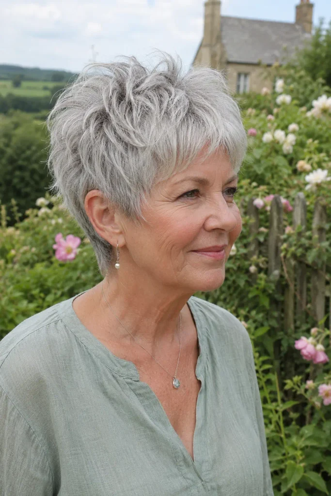 woman in her early 60s with a short shaggy silver-gray pixie cut, wispy fringe and textured layers, in an English countryside garden.