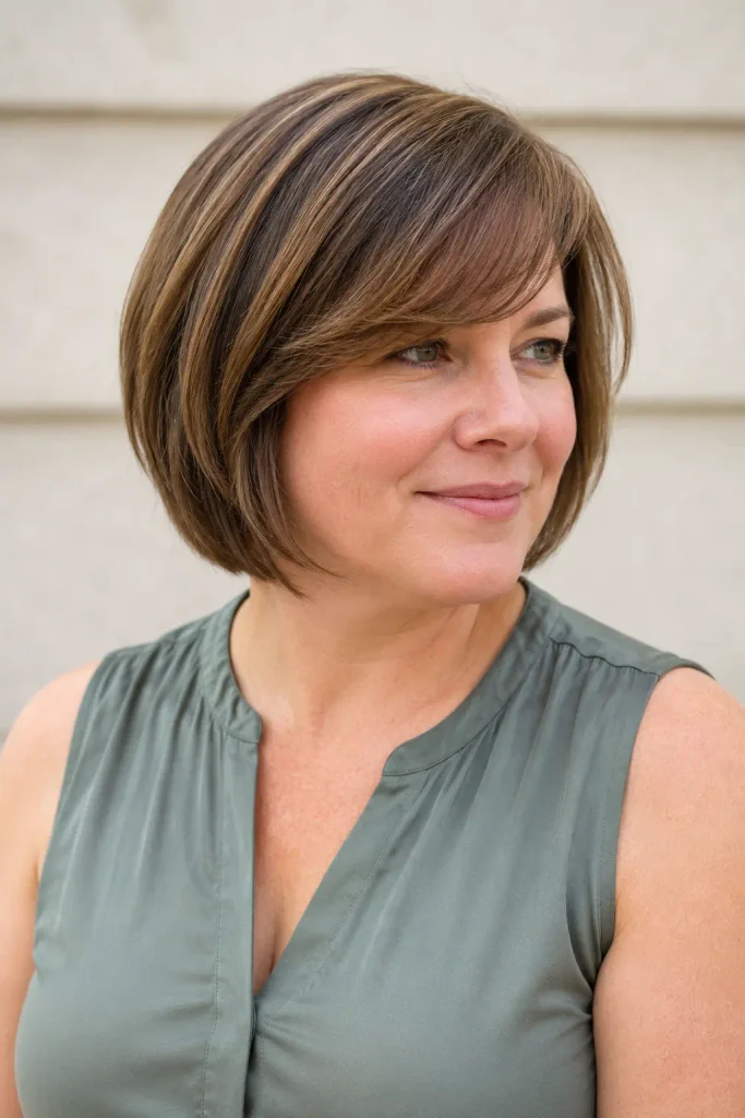 white woman in her early 40s with a round face wearing a short jaw-length bob haircut with elegant side-swept bangs, softly angled ends, natural movement, and a diagonal side fringe, shown in a three-quarter front view with authentic skin texture and natural summer daylight.