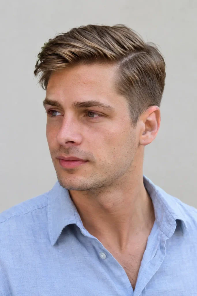 Young white man with thick dark blonde hair wearing a short side-part haircut with tapered sides and a natural part, photographed in daylight.