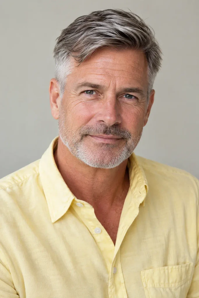 Older white man with a classic short side-swept gray and salt-and-pepper haircut, tapered sides, and textured top swept naturally to one side, wearing a lemon-yellow shirt.