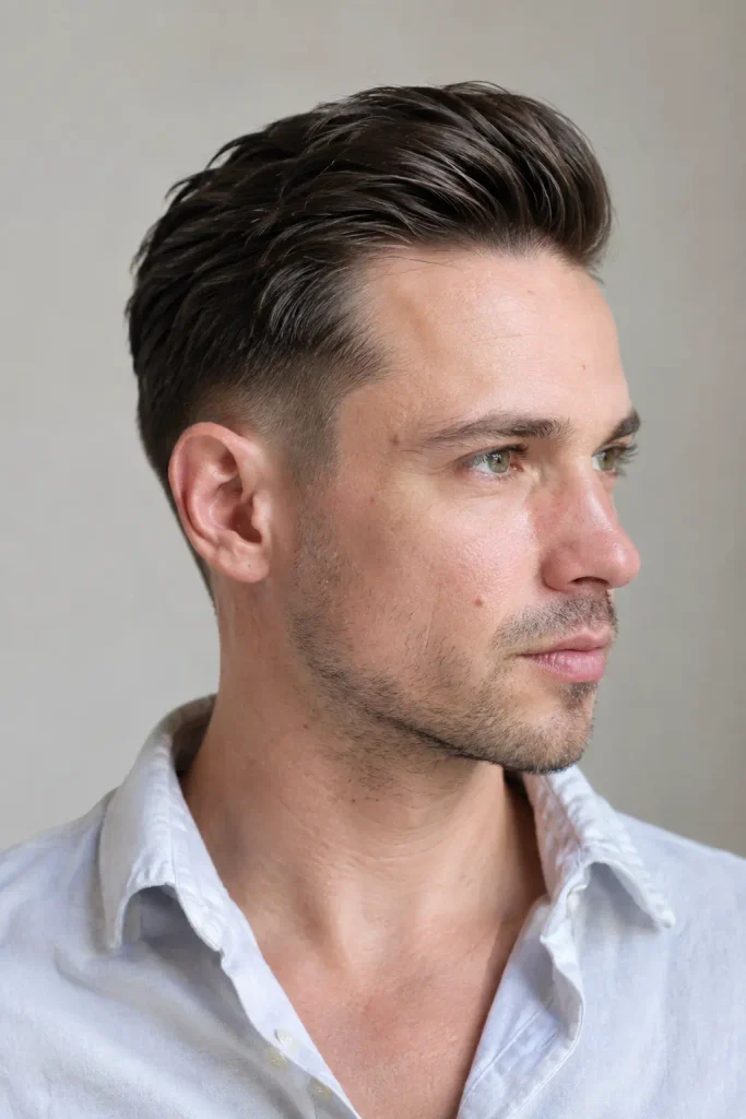 Young white man with dark brown hair styled in a voluminous swept-back side part, shown in a close-up side profile wearing a white shirt.
