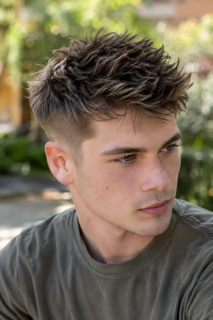 Young white man with a modern spiky textured haircut, medium brown hair, tapered sides, and natural flyaways in outdoor daylight.