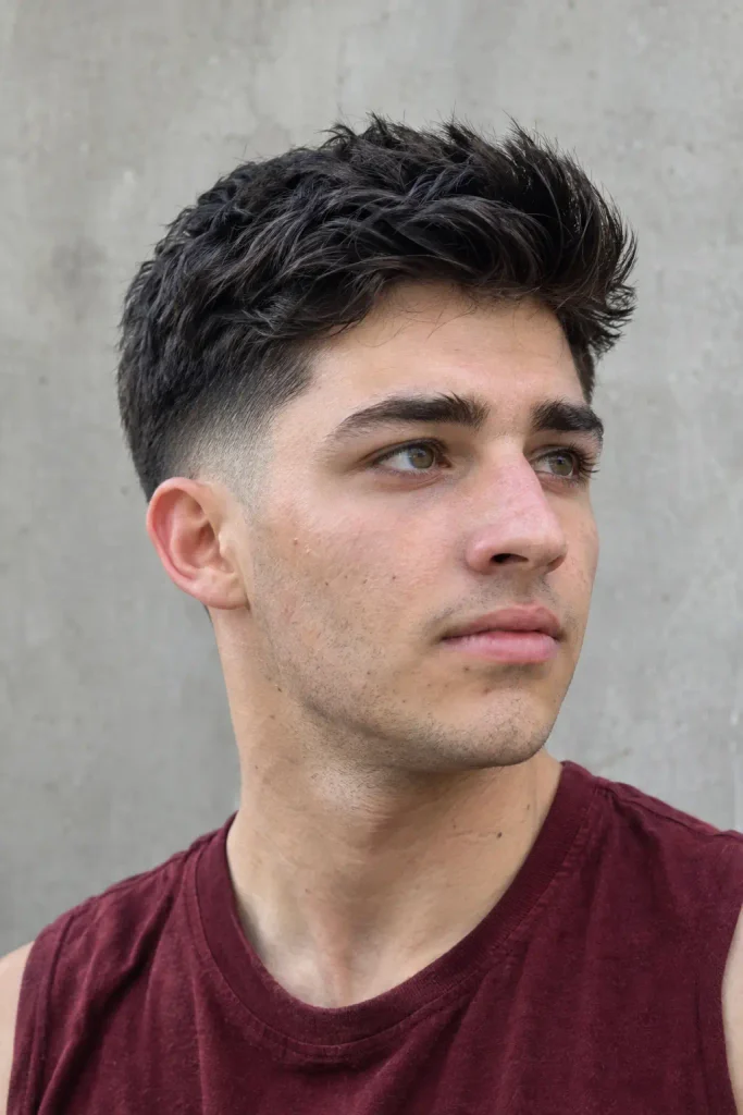 young white man with thick black hair styled in a short textured quiff and low fade, wearing a burgundy sleeveless top against a neutral concrete background.