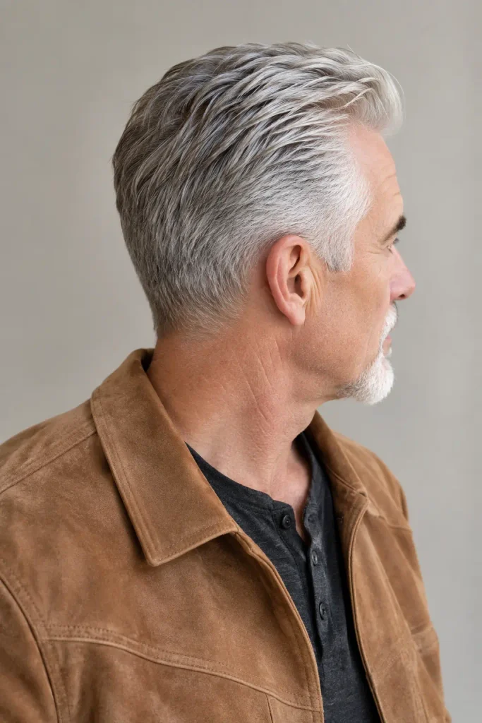 Short swept-back silver hair in refined Hairstyles for Men Over 60.