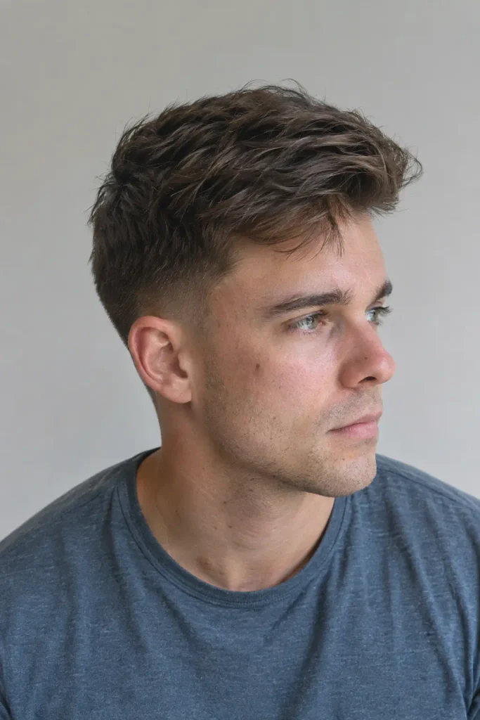 Young white man with a short ash brown taper haircut and side-swept textured top.
