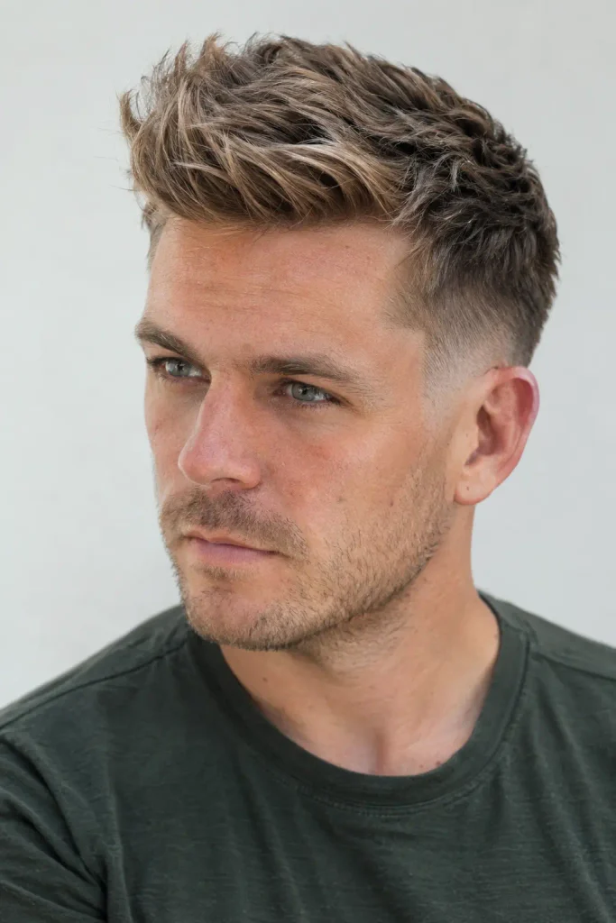 Young white man with a textured dark blonde quiff fade haircut, shown in a close three-quarter portrait.