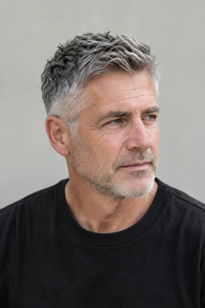 Older white man with silver-gray textured taper haircut, short tapered sides, and naturally salt-and-pepper hair in a close-up portrait wearing a black shirt.