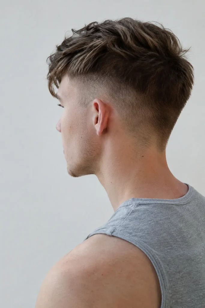 Short undercut hairstyle with a textured medium-brown top and closely clipped sides, shown from a side-rear view.
