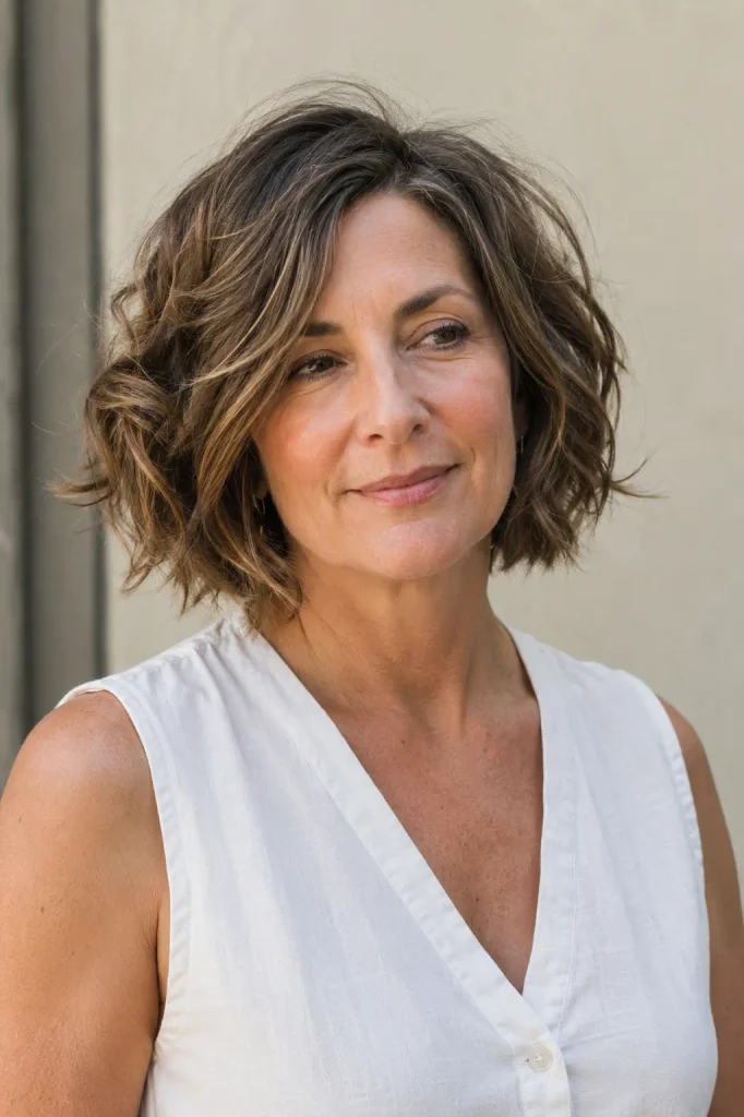 Photorealistic portrait of a white woman in her mid-40s with a short jaw-length wavy bob, soft root volume, and loose textured waves, wearing a lightweight white sleeveless blouse in natural daylight.
