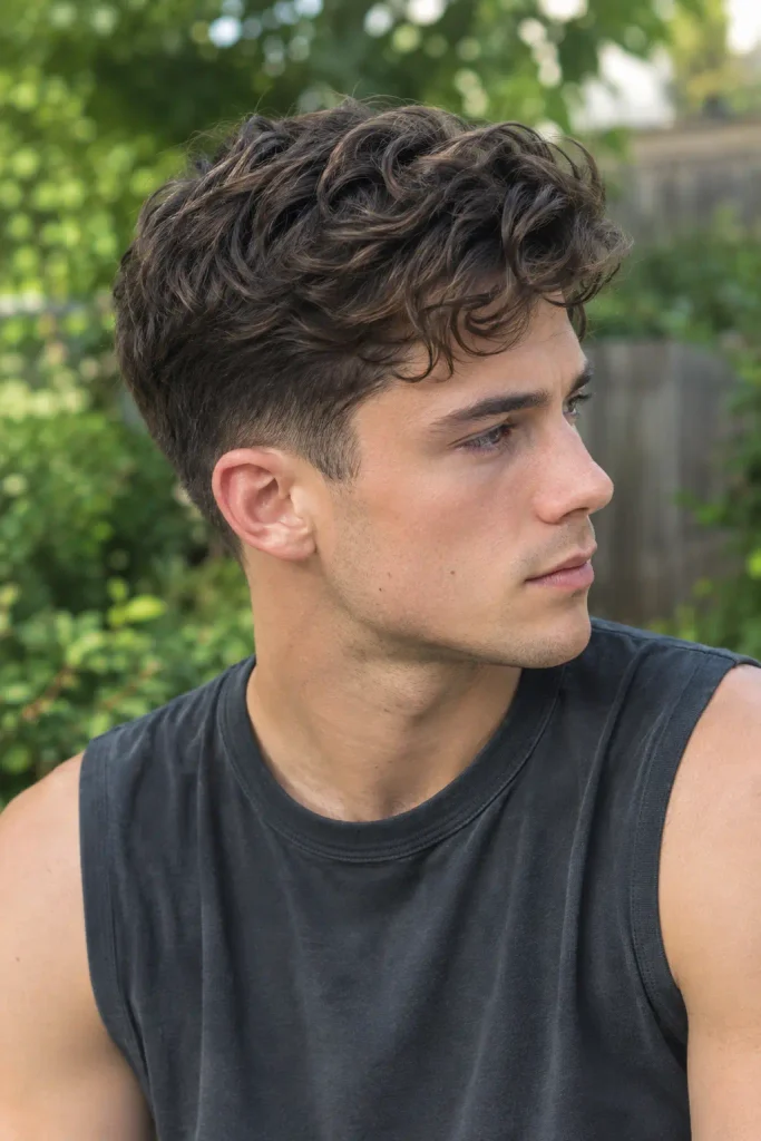 Young white man with dark brown short wavy crop haircut and tapered sides, shown in side profile outdoors.