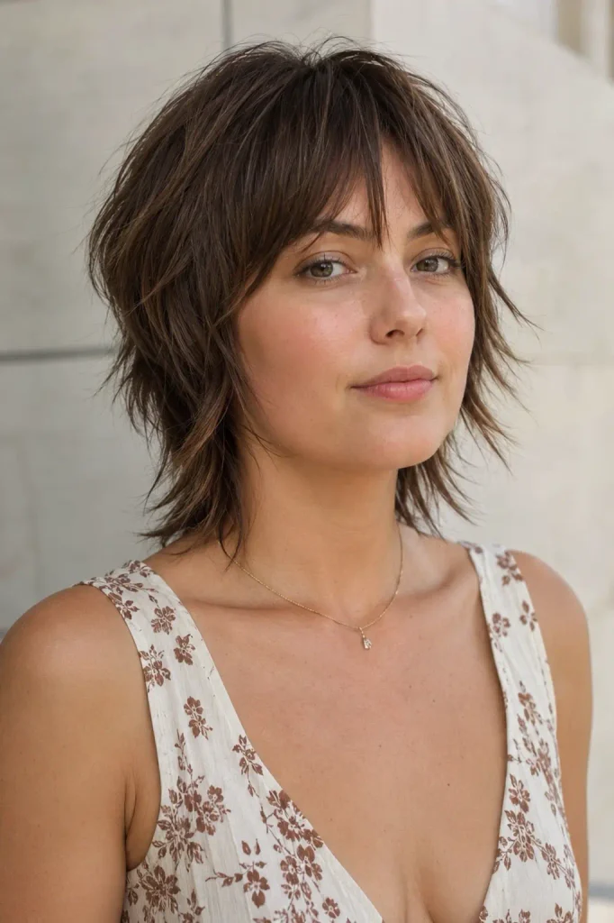 a white woman in her early 30s with a round face wearing a short modern wolf cut with choppy crown layers, tapered sides, longer textured nape pieces, and airy feathered ends, shown in natural summer daylight.