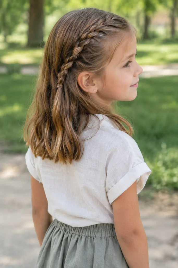 Real young girl with a delicate side braid woven from the temple into loose shoulder-length hair, shown from a side-rear angle in a sunny park, wearing a casual linen-style shirt and skirt.
