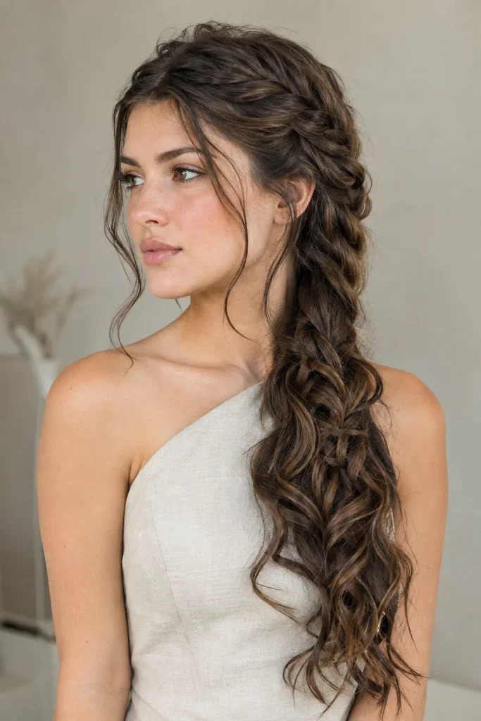 young woman with a detailed side braid flowing into voluminous textured waves over one shoulder, wearing a minimalist sleeveless linen-blend dress in soft daylight.